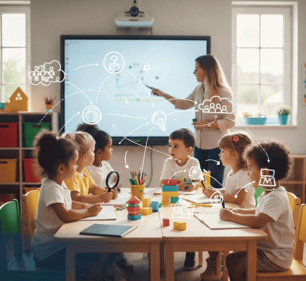 Maestra en salon de clases aplicando rutinas de pensamiento infantil