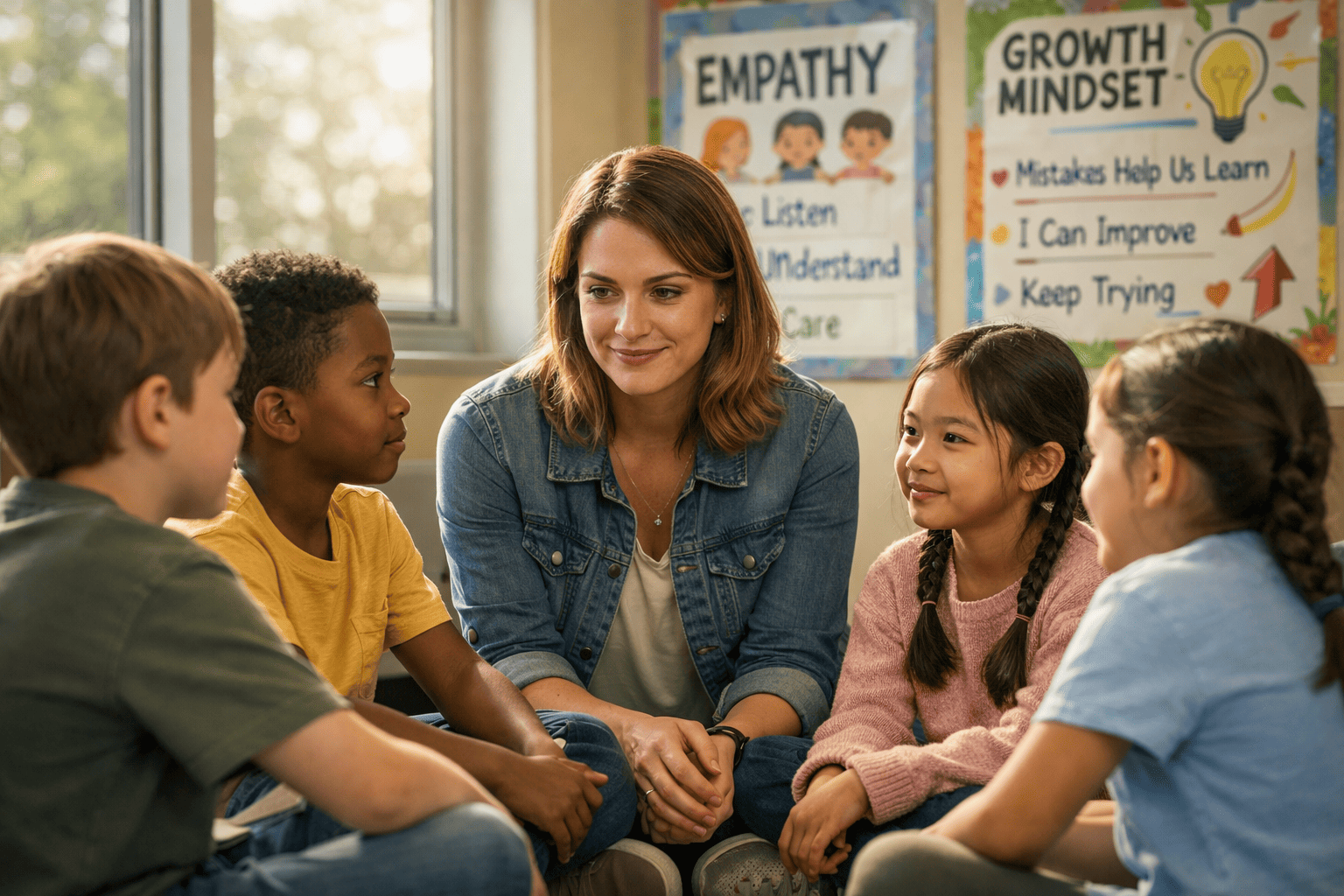 Maestra con grupo de niños aplicando habilidades no cognitivas